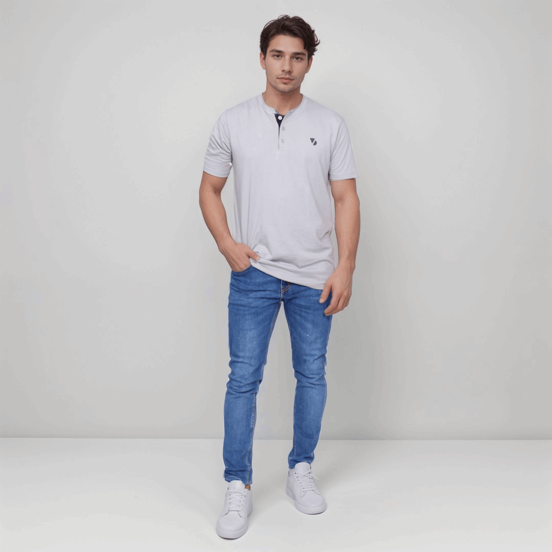 Steel Gray Half Sleeve Henley T-Shirt - VOGUE DESIRE