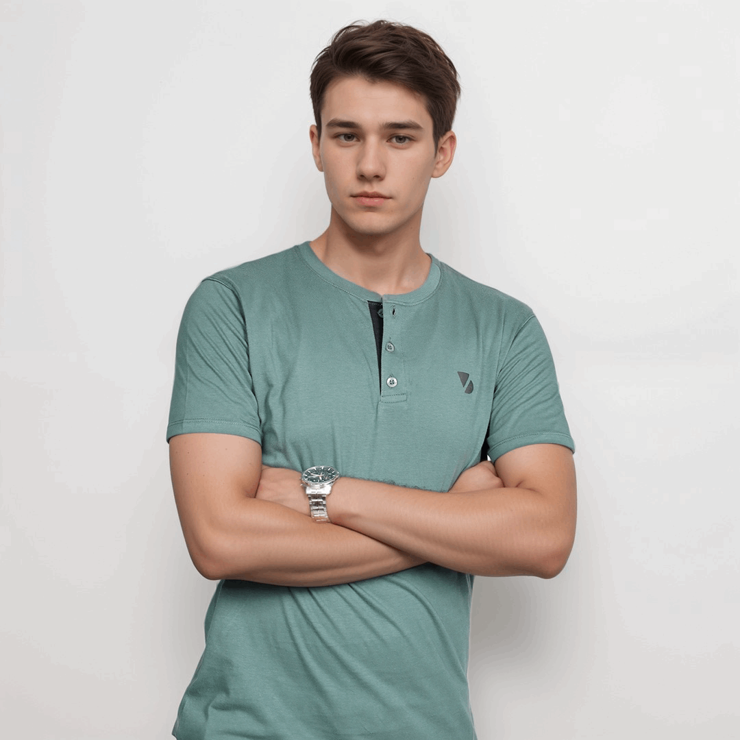 Bermuda Green Color Henley T-Shirt - VOGUE DESIRE