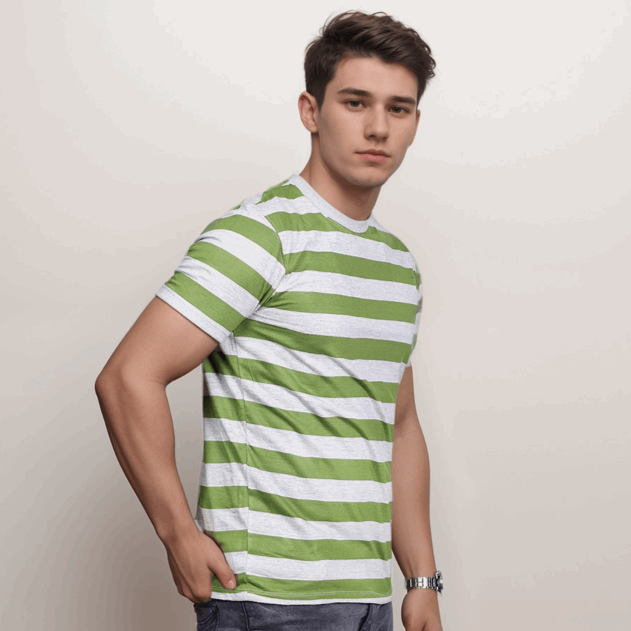 Green and Gray Striped Crew Neck T-Shirt - VOGUE DESIRE