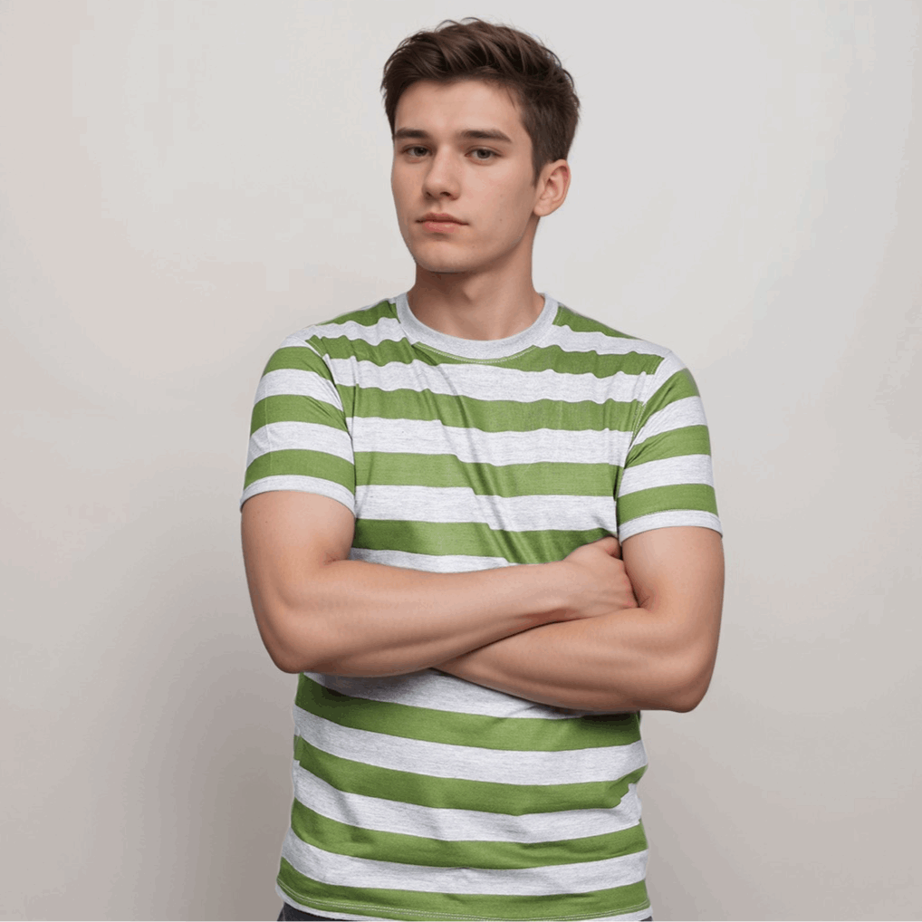 Green and Gray Striped Crew Neck T-Shirt - VOGUE DESIRE