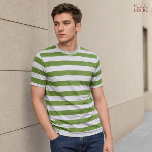 Green and Gray Striped Crew Neck T-Shirt