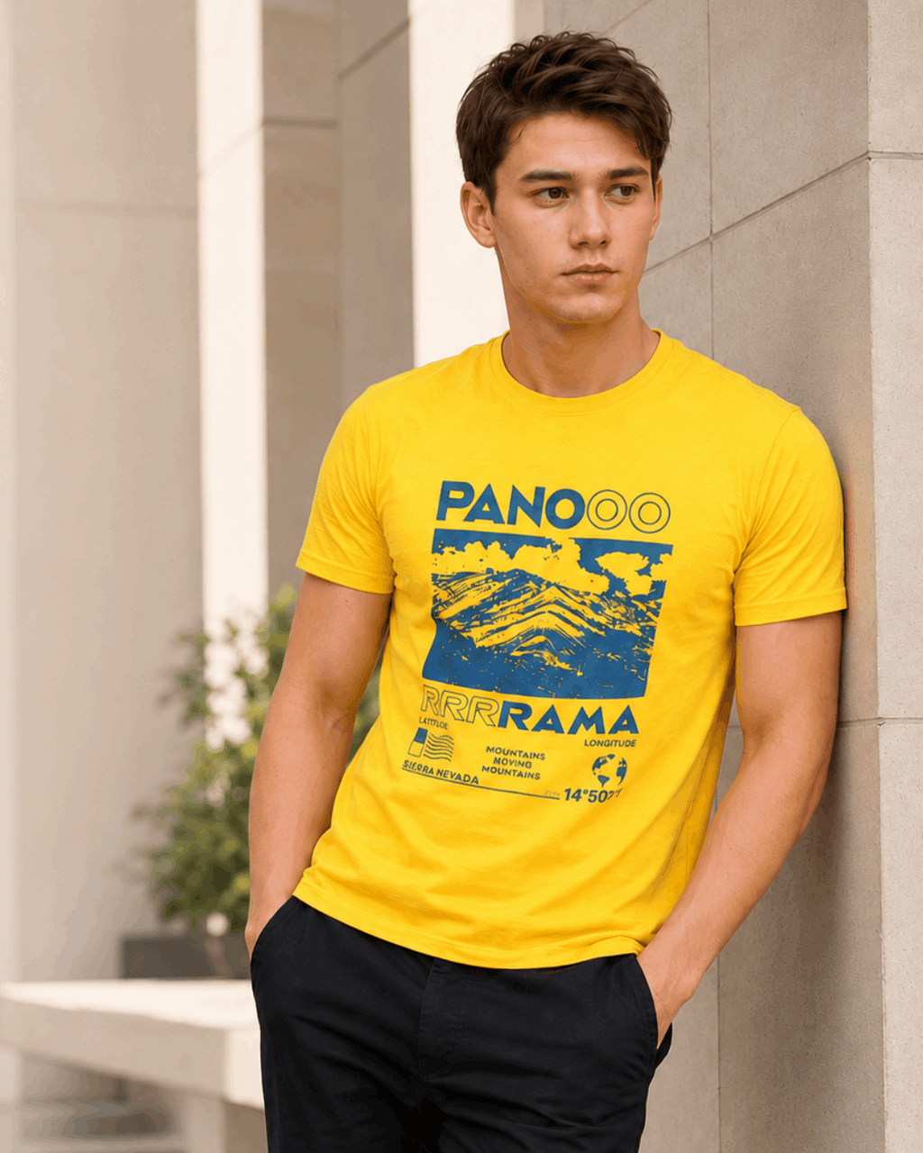 Mustard Color Panorama Mountain Crew Neck T-Shirt