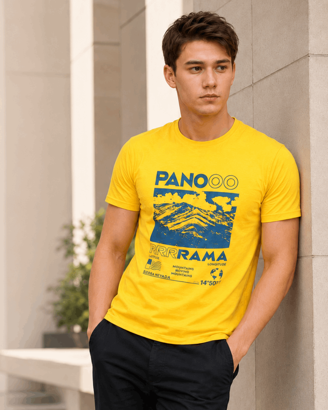 Mustard Color Panorama Mountain Crew Neck T-Shirt