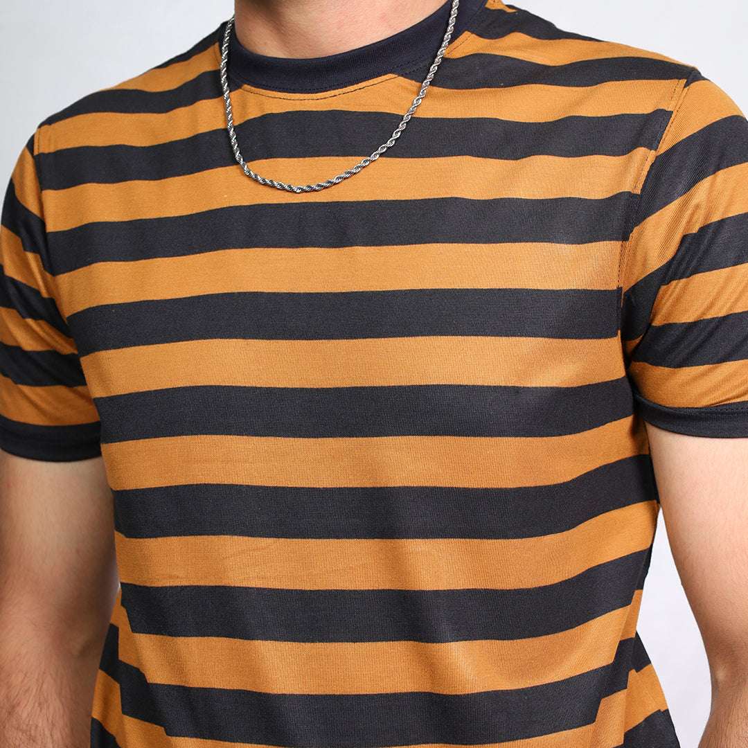 Mustard and Black Striped Crew Neck T-Shirt - VOGUE DESIRE