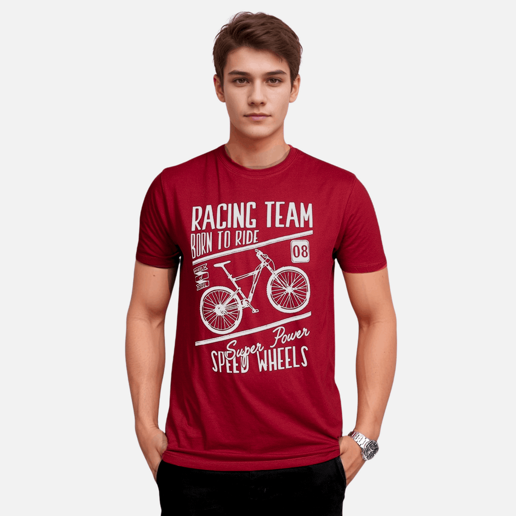Speed Wheels Burgundy Maroon Color Crew Neck T-Shirt