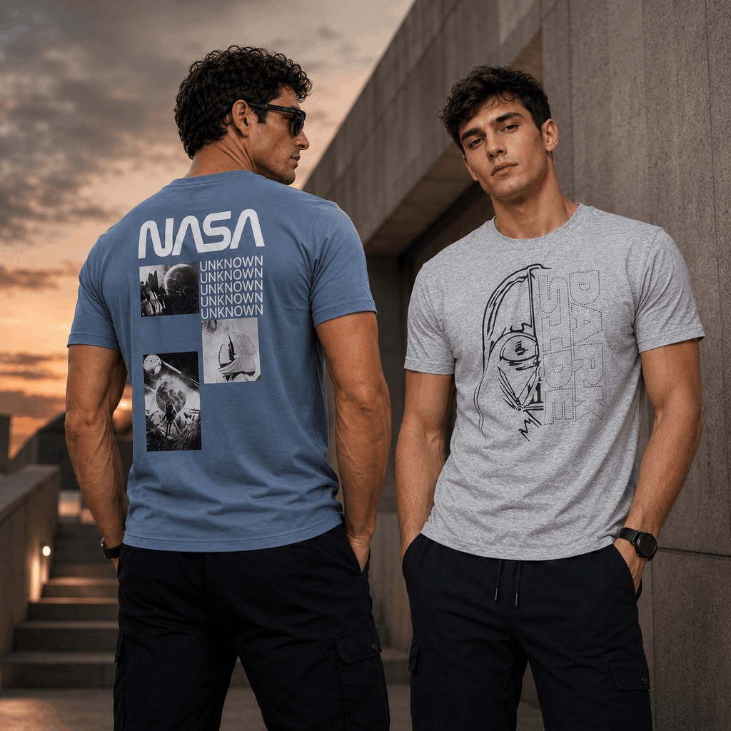 Space Edge Duo Pack – Shark Blue NASA & Heather Grey Dark Side T-Shirts
