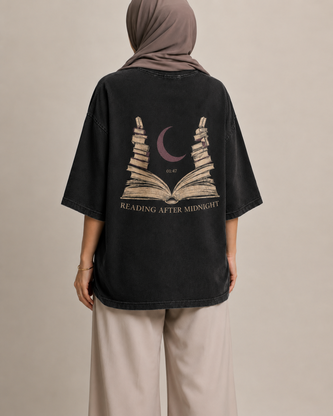 Reading After Midnight Women’s Oversized Drop Shoulder T-Shirt – Washed Black