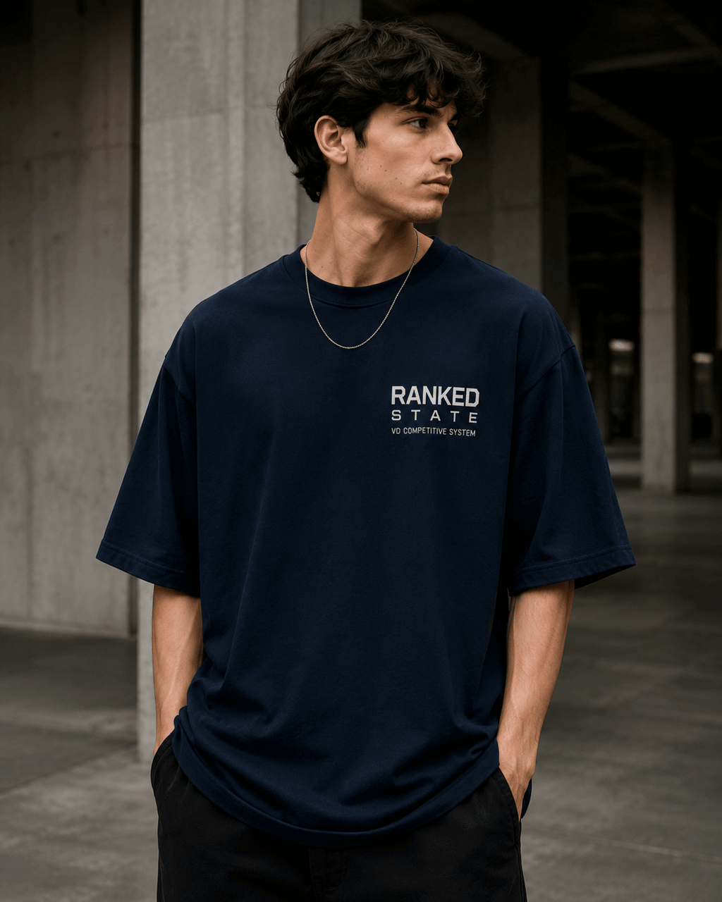 Ranked State Drop-Shoulder Graphic T-Shirt – Navy Blue