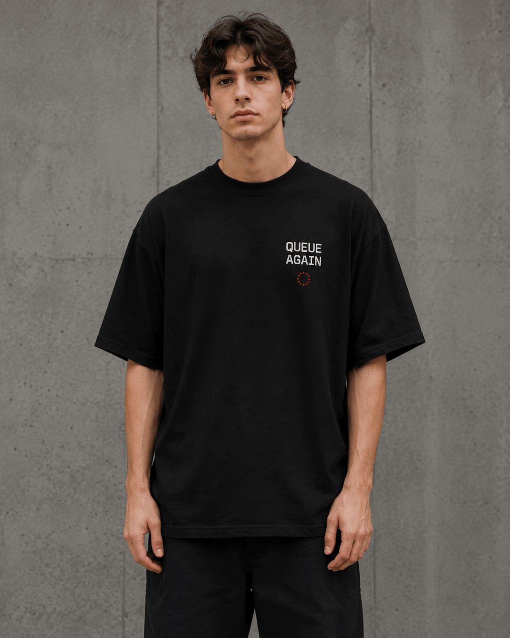 Queue Again Drop-Shoulder Graphic T-Shirt – Black