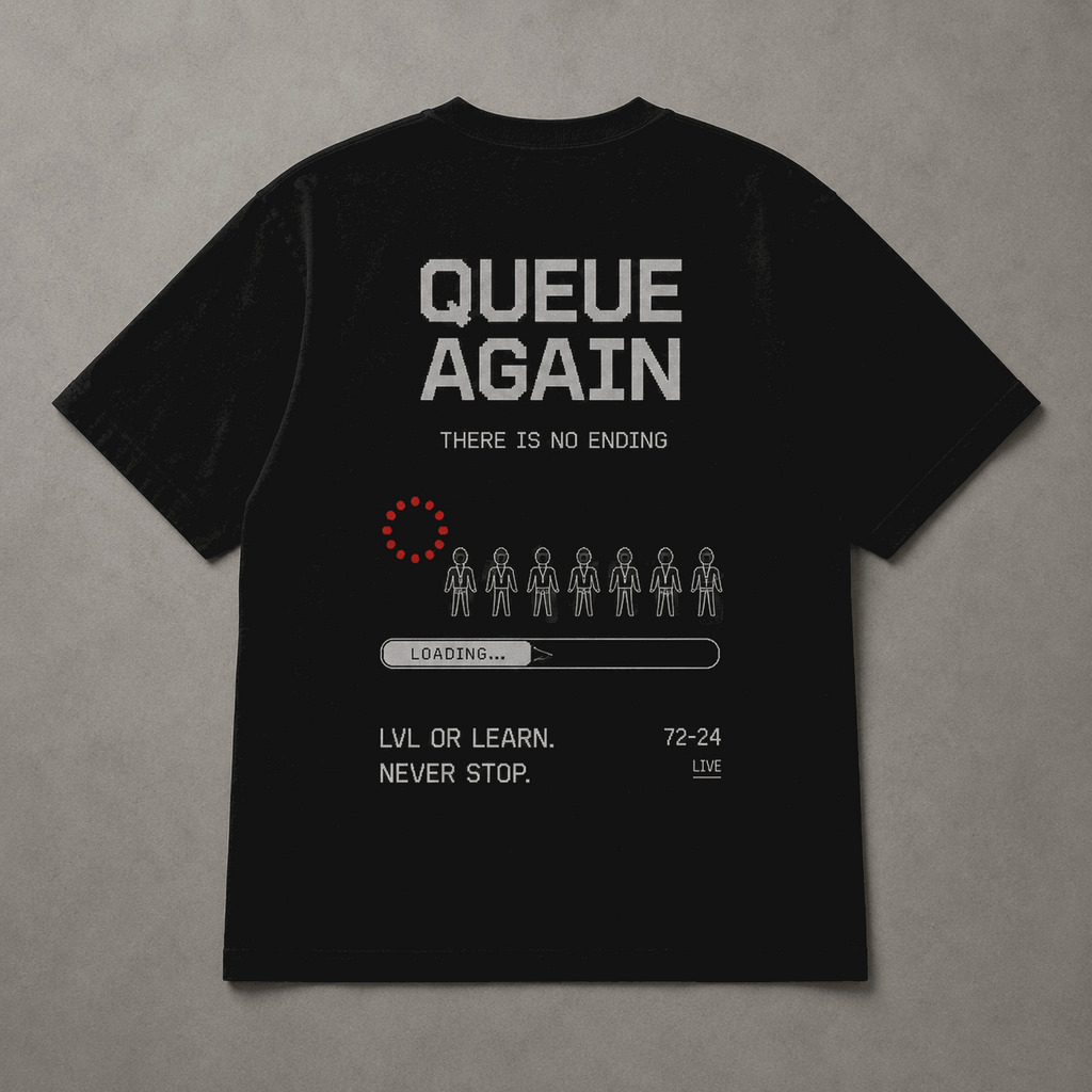 Queue Again Drop-Shoulder Graphic T-Shirt – Black
