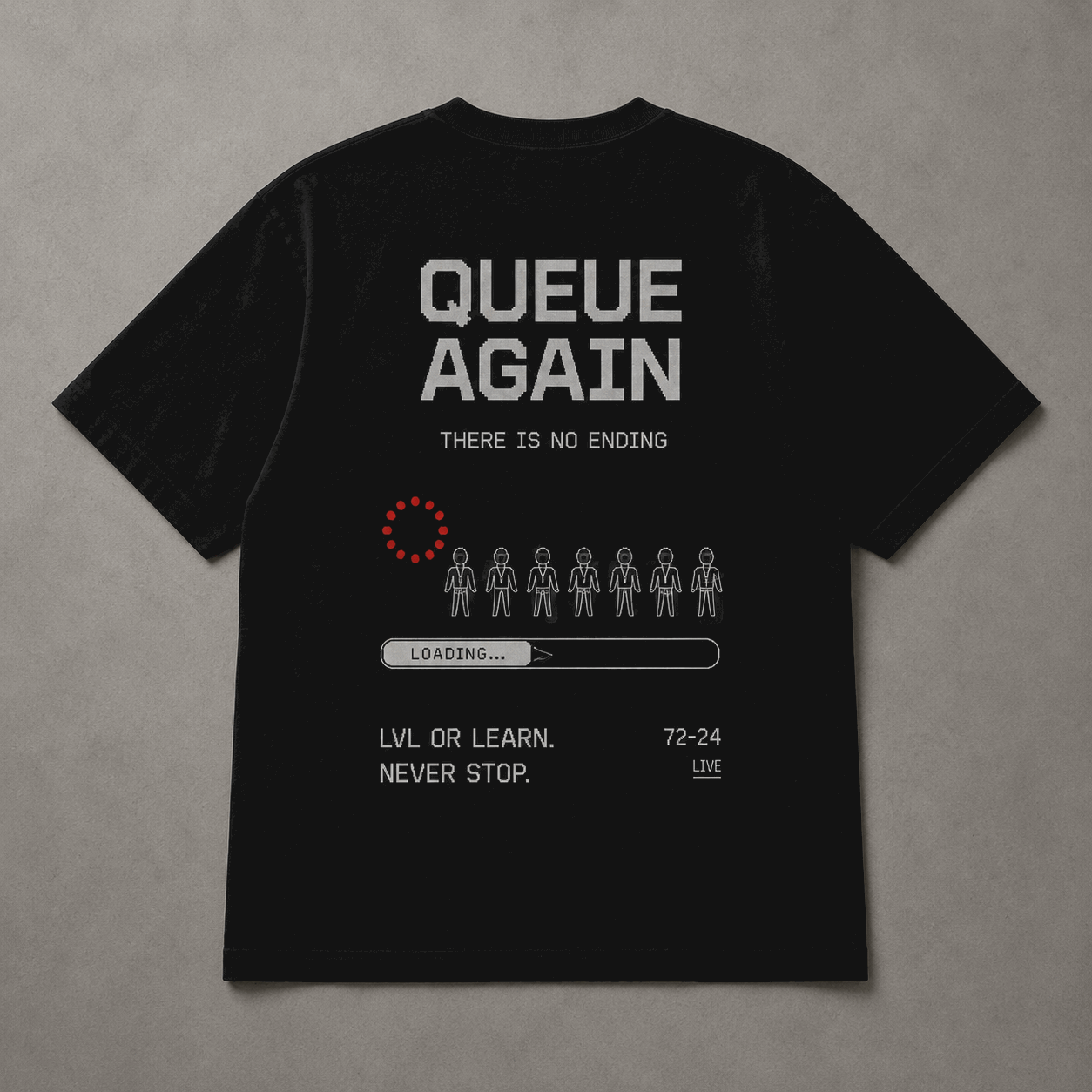 Queue Again Drop-Shoulder Graphic T-Shirt – Black