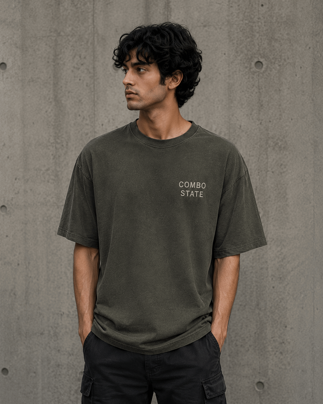 Combo State Drop-Shoulder Graphic T-Shirt – Washed Olive