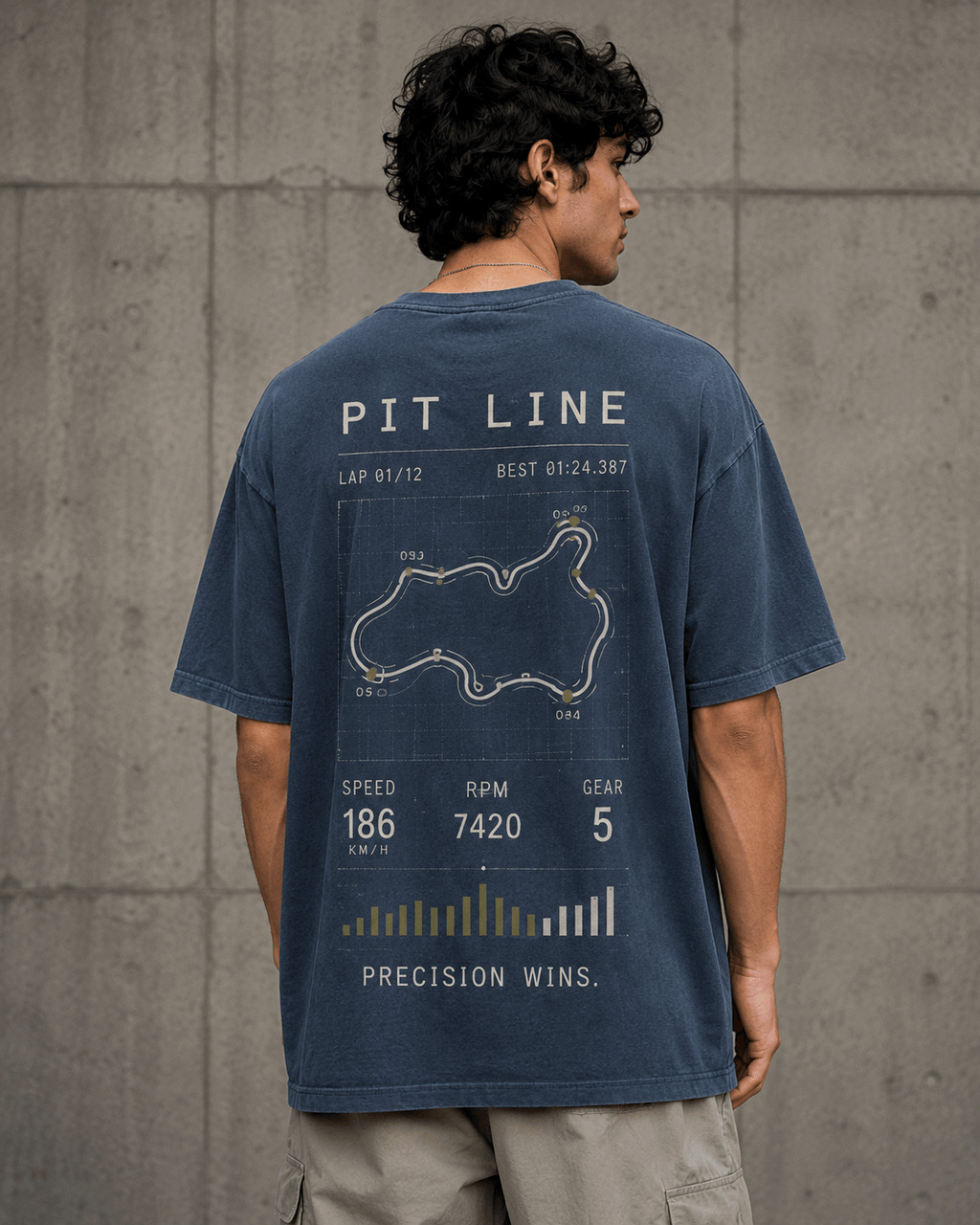 Pit Line Drop-Shoulder Graphic T-Shirt – Washed Blue