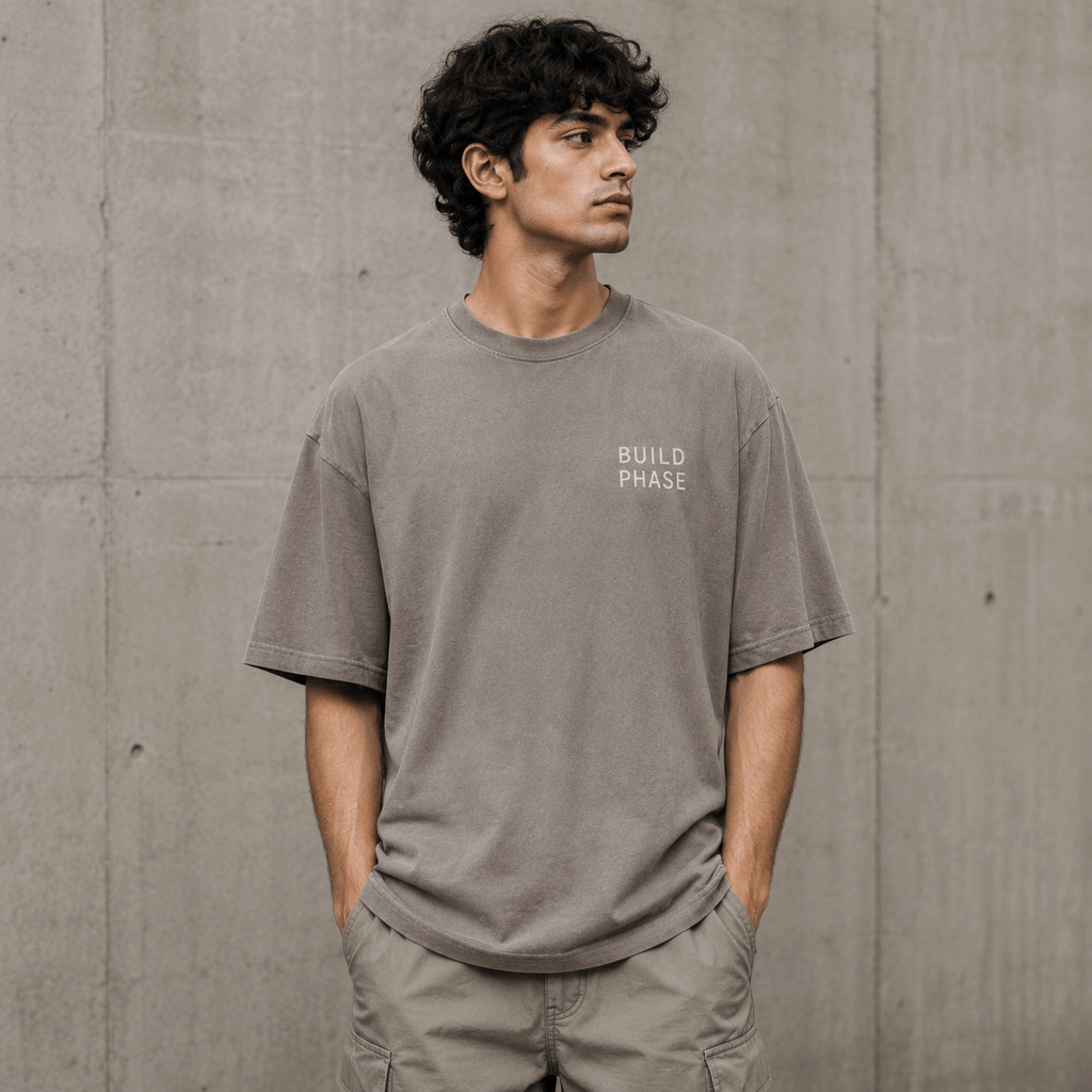 Build Phase Drop-Shoulder Graphic T-Shirt – Washed Taupe Grey