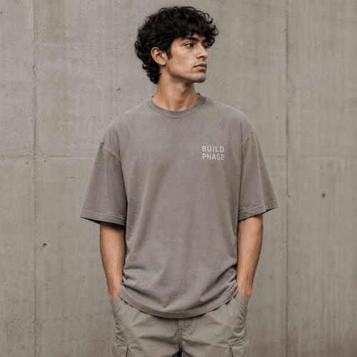 Build Phase Drop-Shoulder Graphic T-Shirt – Washed Taupe Grey