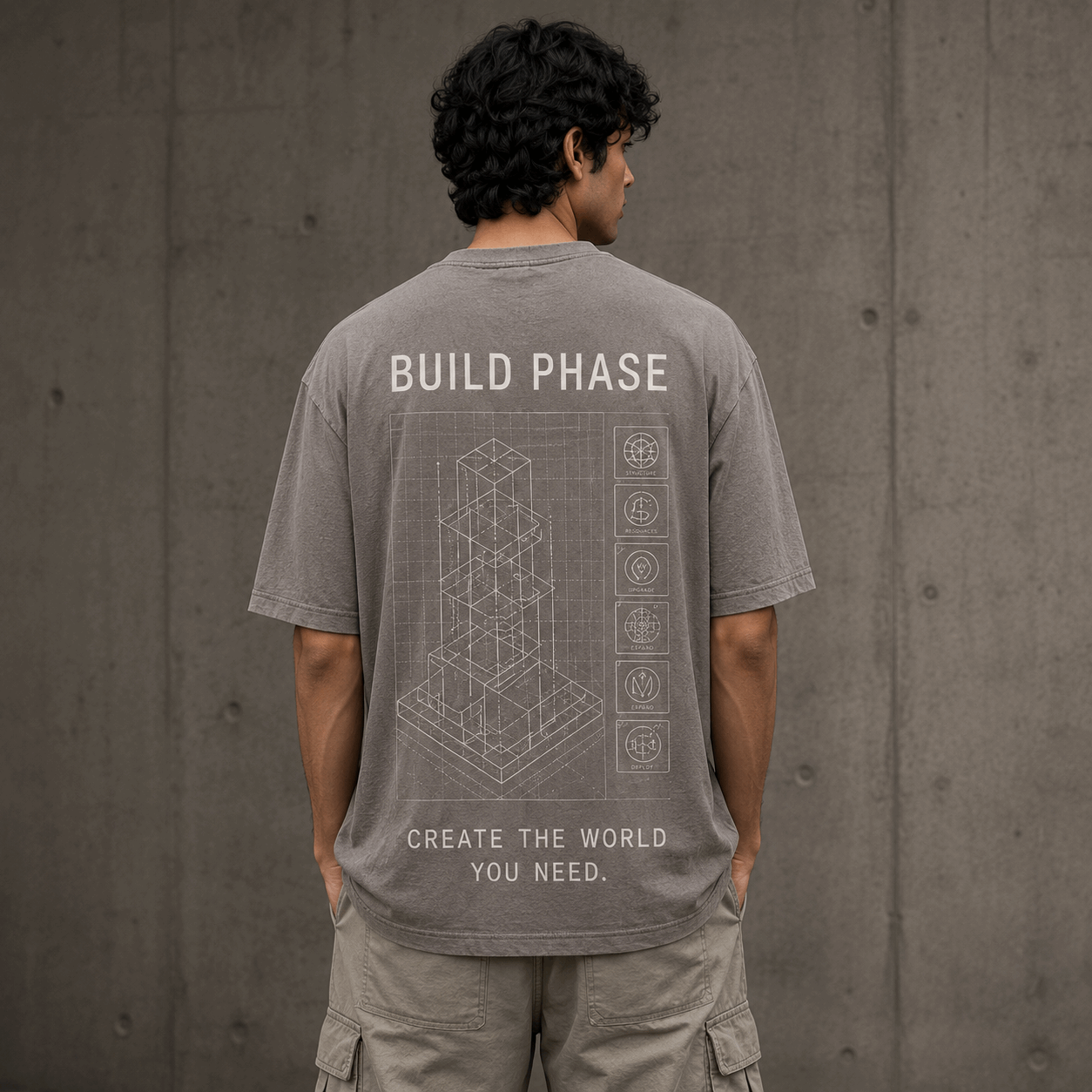 Build Phase Drop-Shoulder Graphic T-Shirt – Washed Taupe Grey