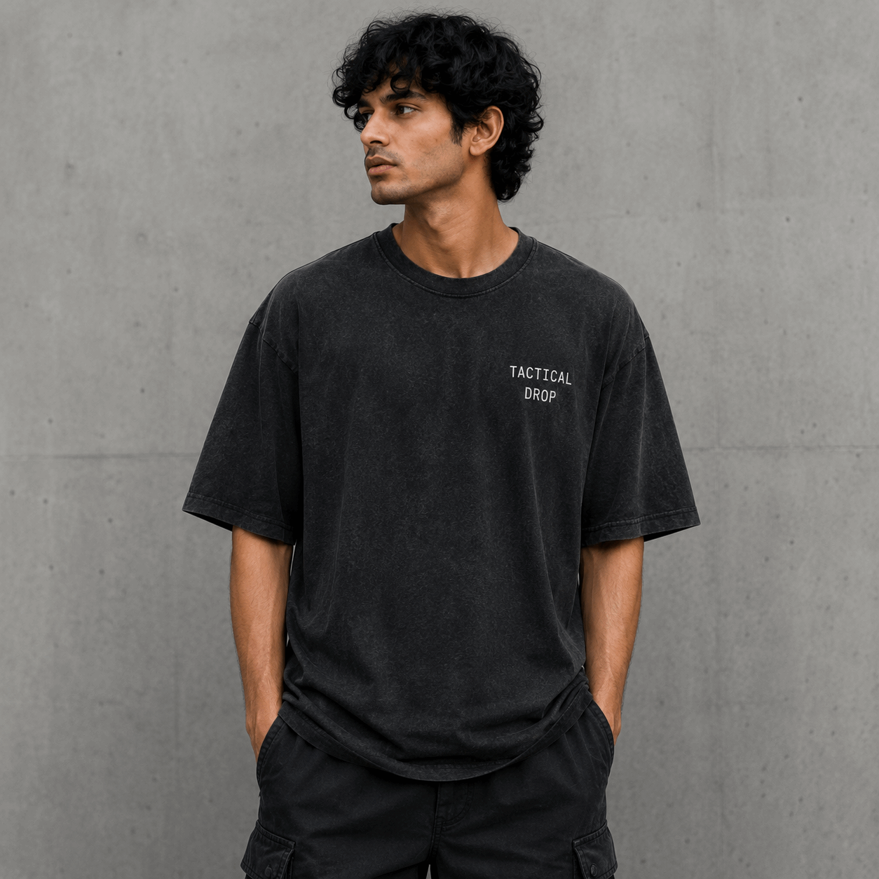 Tactical Drop Drop-Shoulder Graphic T-Shirt – Washed Black