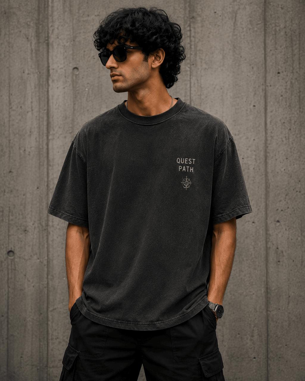 Quest Path Drop-Shoulder Graphic T-Shirt – Washed Charcoal