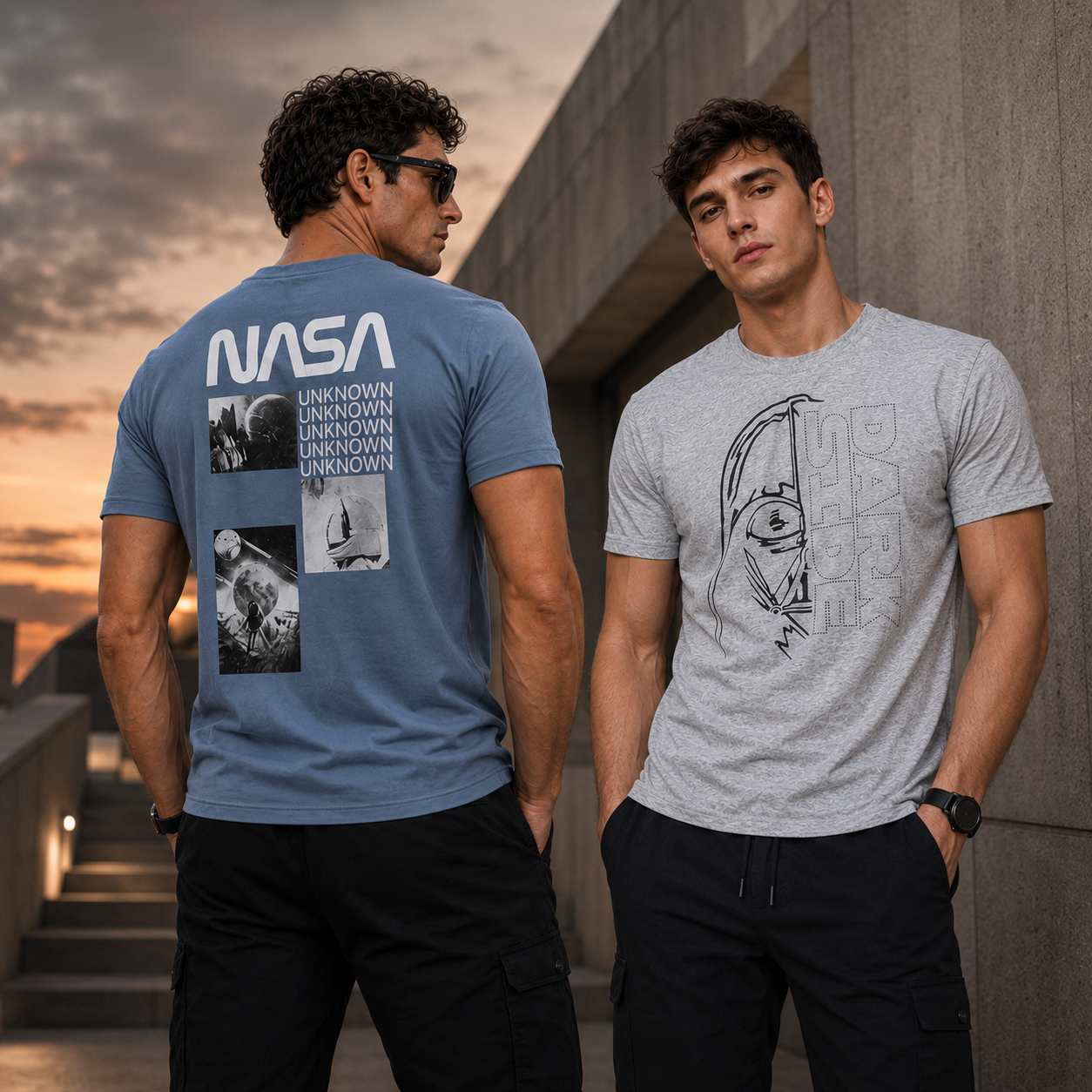 Space Edge Duo Pack – Shark Blue NASA & Heather Grey Dark Side T-Shirts