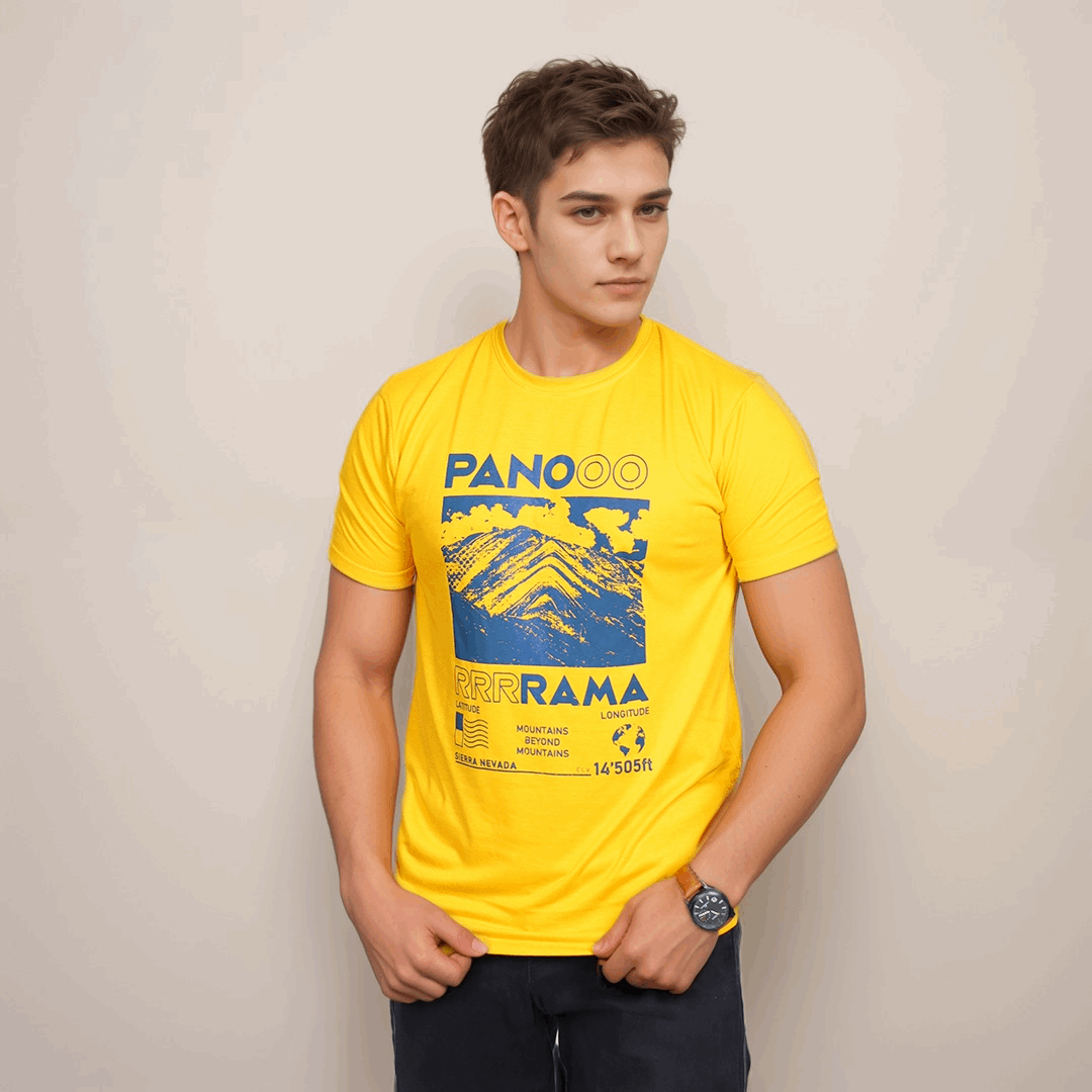 Mustard Color Panorama Mountain Crew Neck T-Shirt - VOGUE DESIRE