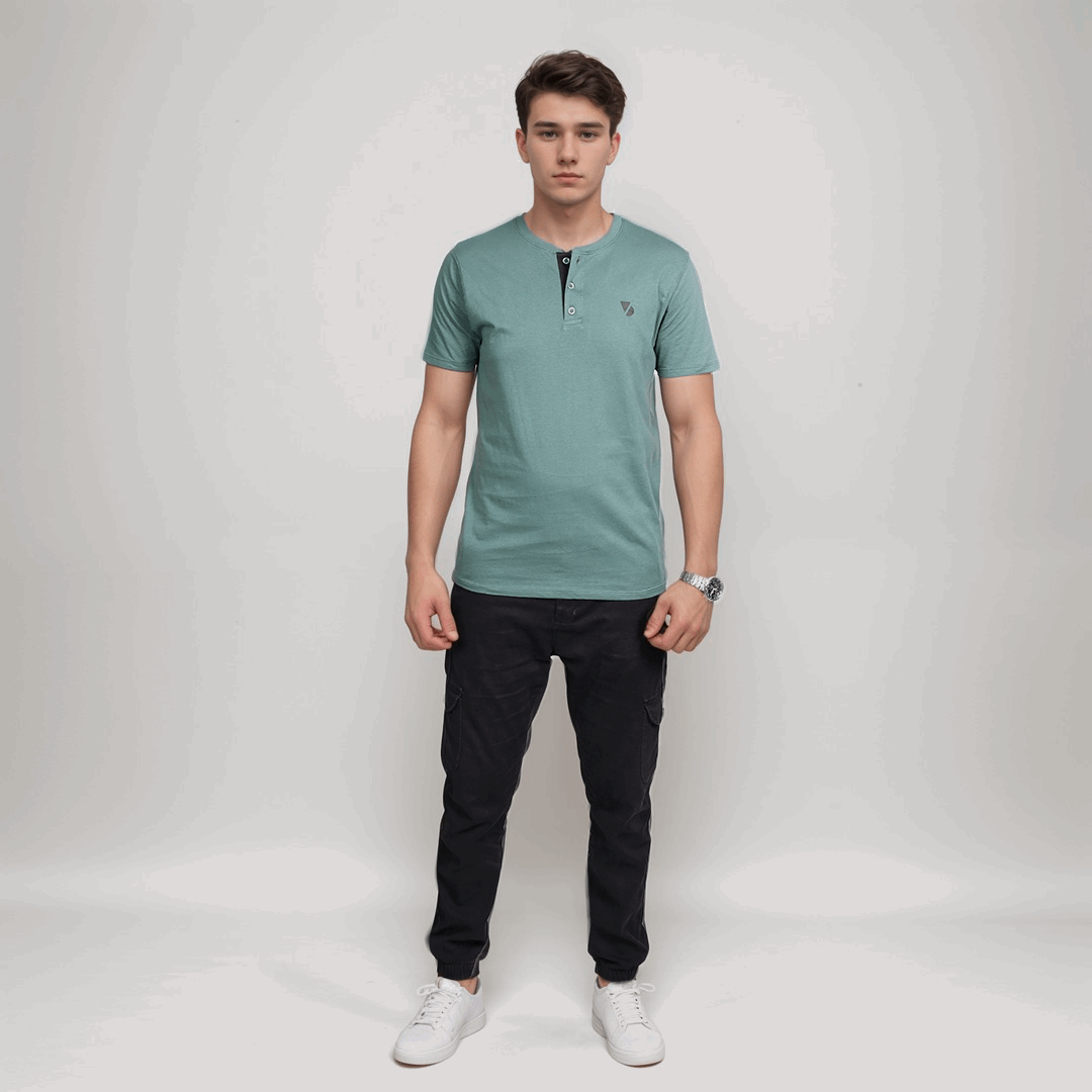 Bermuda Green Color Henley T-Shirt - VOGUE DESIRE