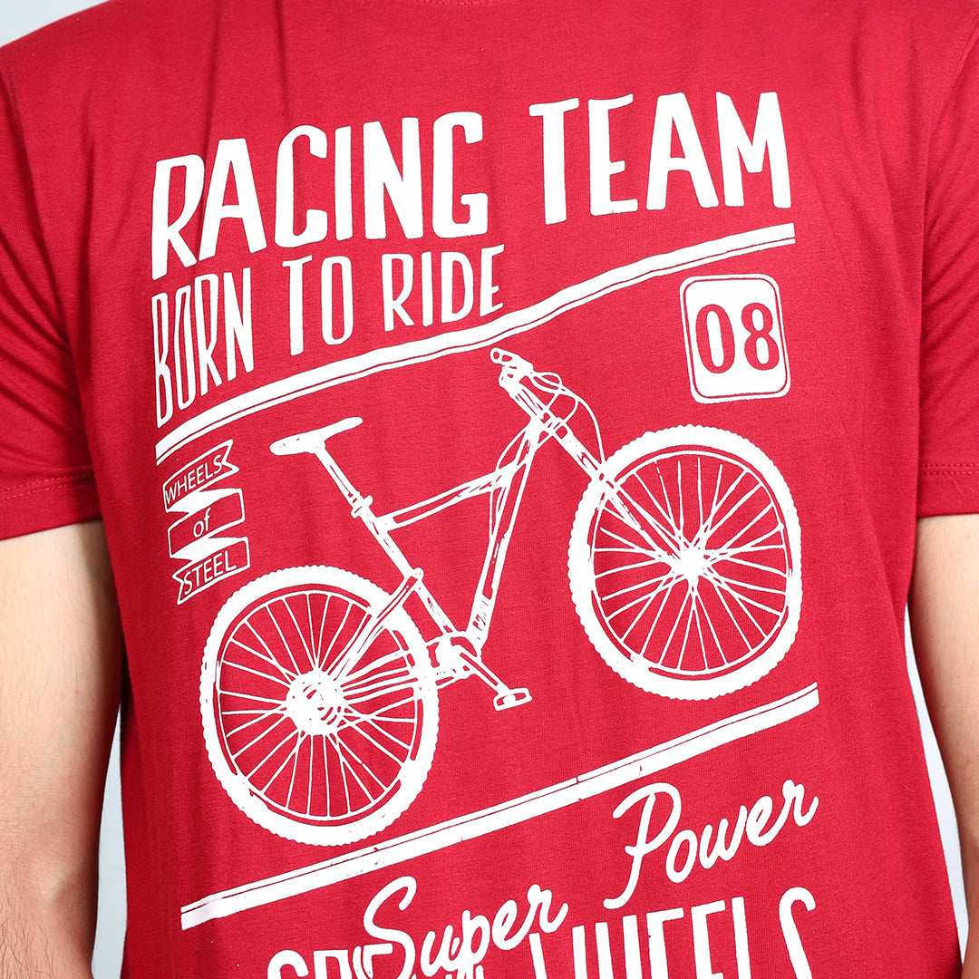 Speed Wheels Burgundy Maroon Color Crew Neck T-Shirt - VOGUE DESIRE